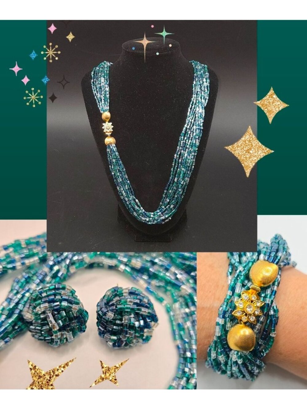 Multistrand Beaded Necklace & Clip-On Earrings Set With Gold-Tone Embellishments